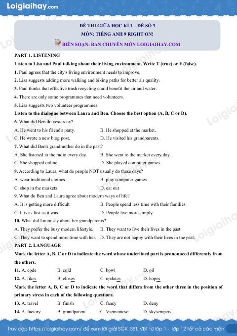 Đề thi giữa kì 1 Tiếng Anh 9 Right on! - Đề số 3
